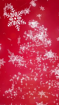 Digital animation of snowflakes falling against christmas tree on red background