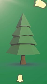 Digital animation of multiple christmas bell icons falling against christmas tree