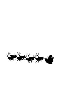 Digital animation of black silhouette of santa claus in sleigh being pulled by reindeers