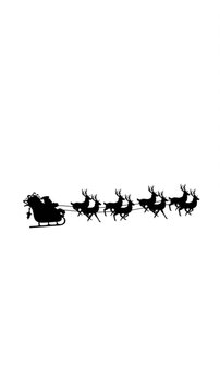 Digital animation of black silhouette of santa claus in sleigh being pulled by reindeers
