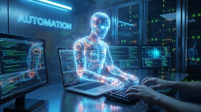 Holographic artificial intelligence robot working on code at computer workstation in modern server room environment with glowing digital interfaces and advanced network infrastructure