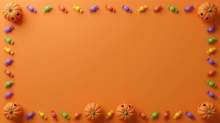 Fototapeta premium Halloween pumpkin and candy border on rustic orange background for festive fall decor