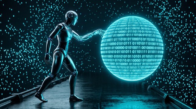 Advanced humanoid robot holding glowing spherical digital earth model made of binary code in high tech dark environment representing global connectivity and data