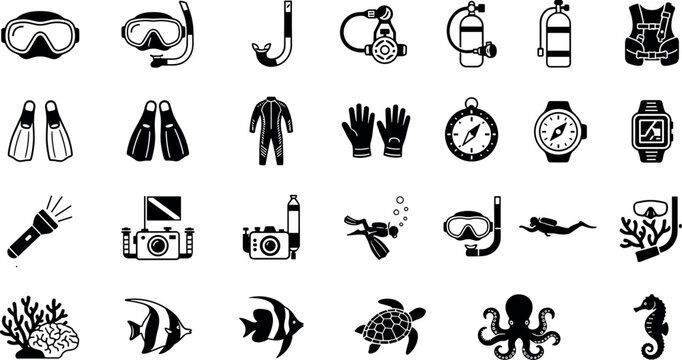 Scuba diving and underwater snorkeling equipment silhouette icon set vector illustration collectionScuba diving and underwater snorkeling equipment silhouette icon set vector illustration collection
