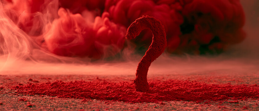 In the close-up, a large red question mark composed of powder is shown against a textured surface, with red smoke evident in the background