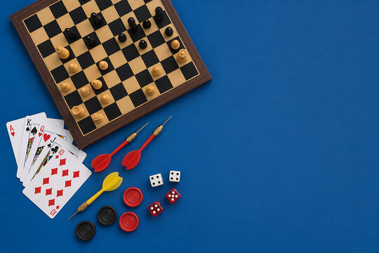 Flat lay of a tilted empty wooden chessboard from top view with gaming accessories arranged beside it