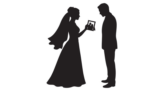 Bride and groom viewing photograph black silhouette