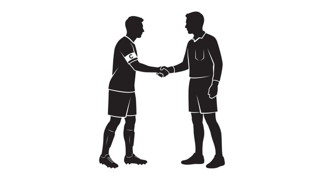 Soccer player and referee shaking hands a black silhouette