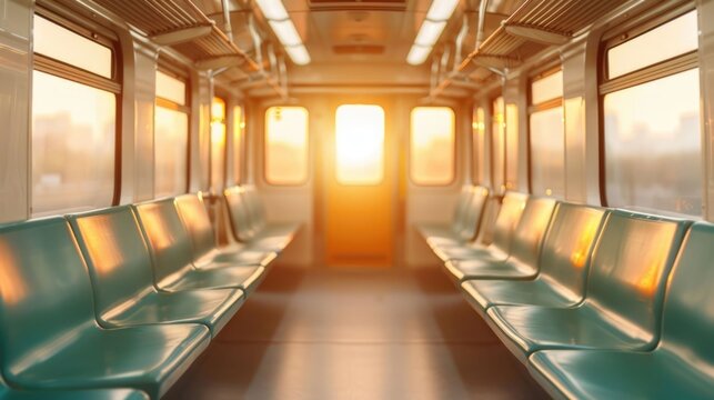 Interior view of an empty train carriage at sunrise or sunset with rows of green seats illuminated by bright golden sunlight reflecting on surfaces creating a tranquil and atmospheric travel scene
