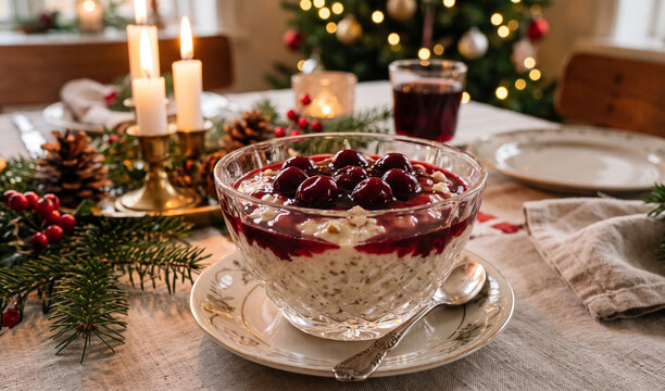 A bowl of chilled Danish Christmas rice pudding (Risalamande) served in a crystal glass dish, Creamy almond rice pudding layered under vibrant glossy warm sour c