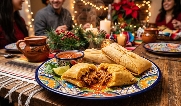 Steaming savory tamales wrapped in corn husks served on a hand-painted Talavera ceramic plate, Split open tamale revealing tender shredded pork chili colorad