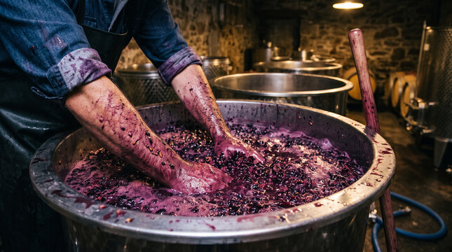 Winemaker manually crushing fresh purple grapes inside a large stainless steel container at rustic winery