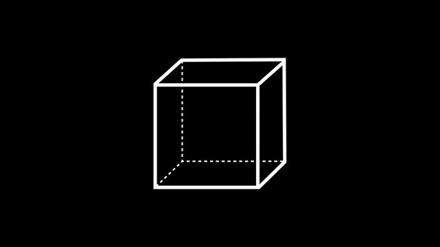 Minimalist 3D geometric cube animation showing line construction and hidden dashed perspective lines on black background. Ideal for educational math, geometry, and modern motion graphics design.
