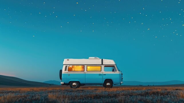 A retro camper van glowing from within rests in a dark landscape beneath a vast star filled night sky embodying peaceful adventure solitude and the open road