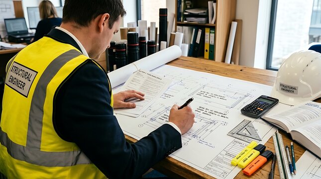 Structural engineer reviewing detailed architectural blueprints and site plans at wooden desk with hard hat and calculator for construction project planning and building development analysis