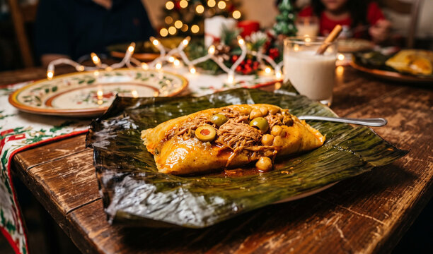 Traditional Puerto Rican pasteles unwrapped on cooked green banana leaf casing over a wooden table, Rich masa filled with seasoned pork, olives, and chickpeas glis