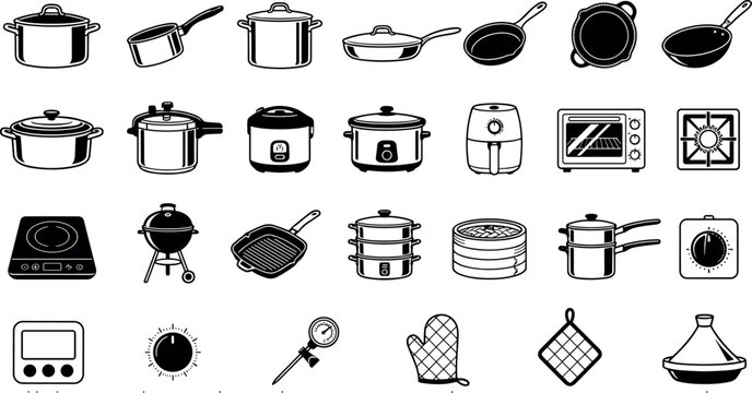 Kitchen cookware pots pans appliances line silhouette icon set collection vector illustrationKitchen cookware pots pans appliances line silhouette icon set collection vector illustration