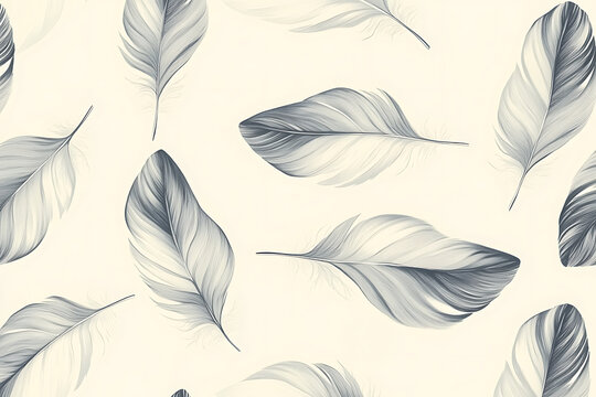 Seamless watercolor feather pattern with delicate gray details on a cream background.