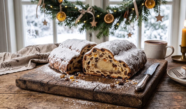 raditional Dresden Christmas Stollen sliced open on a weathered oak breadboard, Generous thick coating of white powdered sugar revealing candied orange peel, raisins, a