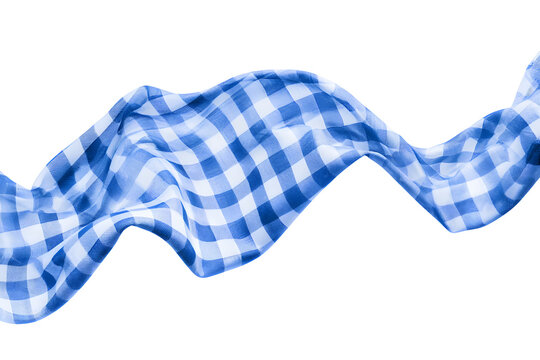A stream of blue gingham fabric undulates alone