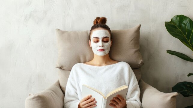 A serene young woman adorned with a white facial mask sits comfortably in an armchair engrossed in reading a book embodying self care and quiet leisure in a tranquil home setting