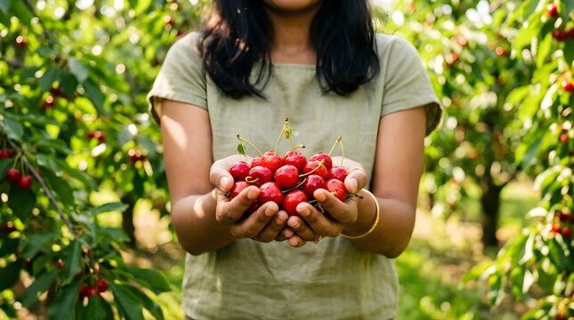 Woman holding handful of fresh red cherries in orchard during harvest