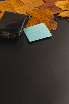 Seasonal flat lay with leaves and blank note on black surface