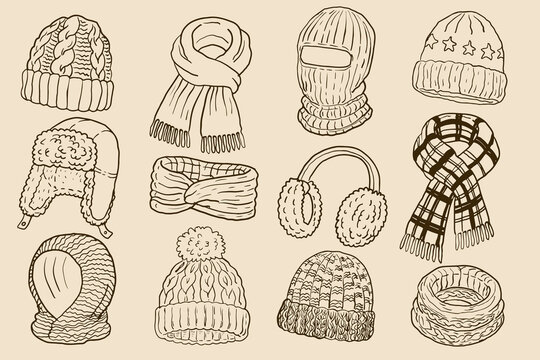 Hand drawn winter accessories set with knitted hats, beanie, pom pom hat, balaclava, trapper hat, scarves, snood, earmuffs and headbands in a cozy vintage line art style.
