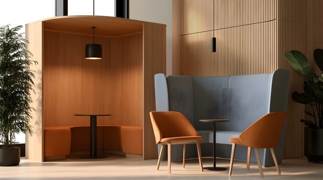 Modern minimalist interior with wooden booth  blue upholstered seating  orange chairs  and hanging pendant lights