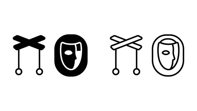 Puppet Control and Hidden Identity: A graphic representation featuring two distinct styles of a puppet's control mechanism and a stylized theatrical mask.