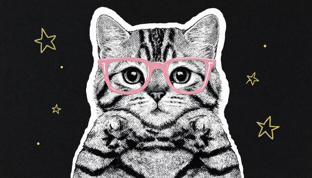 A cute cat wearing pink glasses, illustrated in a style with a white border, surrounded by yellow stars on a dark, textured black background