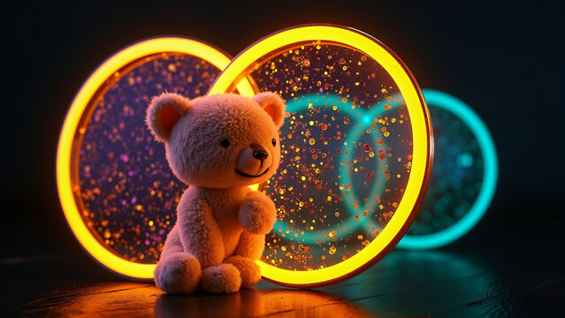 A cute fluffy teddy bear sitting in front of glowing yellow and teal neon rings with sparkling particles in a dark atmospheric setting