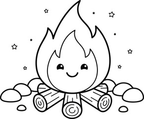 Fototapeta premium A delightful coloring page featuring a cute and friendly cartoon campfire with smiling flames and logs