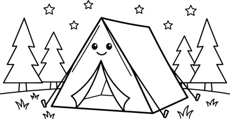 A delightful camping scene with a friendly tent twinkling stars and beautiful evergreen trees for kids to color © Abdulightart