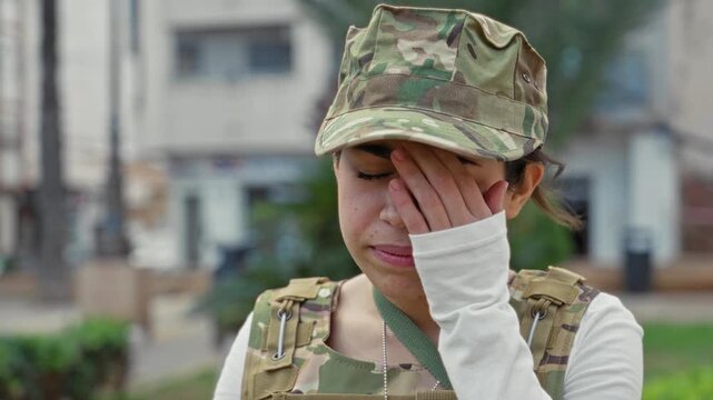 Woman soldier in camouflage cap presses hand to temple on street wearing tactical vest and dog tag; duty fatigue.