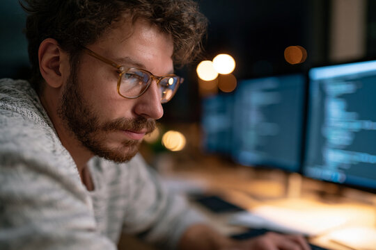 Focused coder studies code on multiple monitors. Soft lighting highlights thoughtful concentration. Bokeh lights suggest late-night dedication. Ideal for tech, development, or remote work themes