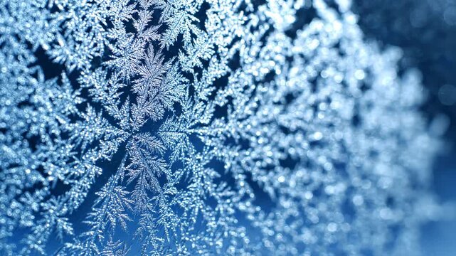 Macro closeup of intricate frost patterns forming on a window pane, delicate ice crystals creating a natural winter texture with a soft blue bokeh background
