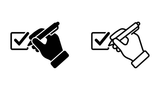 Hand with Pen Checking a Box: Two simple icons depict a hand holding a pen and marking a checkmark inside a box, symbolizing task completion or verification.