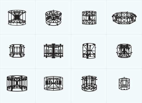 Black Outline Silhouette of an Oceanographic CTD Rosette Frame Without Sensors on White