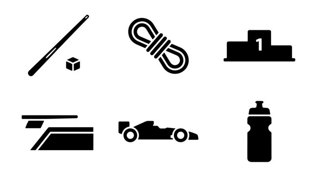 Sport and competition icons set, 6 black solid vector symbols, racing car and winner podium graphics isolated on Transparent Background