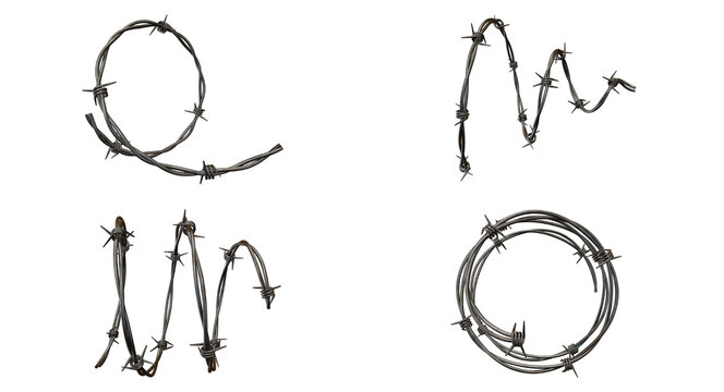 Set of sharp barbed wire strands arranged in circular and wavy patterns for security and border protection concepts