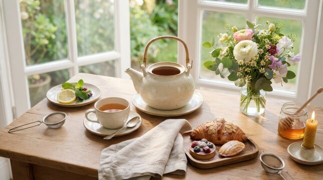 Fresh tea set with a warm croissant and berry tart on a wooden table by a bright window for a relaxing morning breakfast time