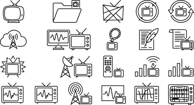 Television and broadcasting vector outline icon set featuring retro tv monitors radio antenna signals satellite dishes media files stream remote control communication UI dashboard graphics