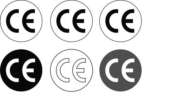 Collection of ce marking symbols in various styles including black and white circular outline versions, and solid grey shapes for european product safety compliance