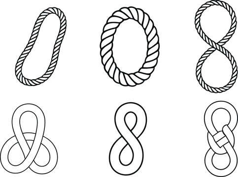 Collection of rope loops and knots in black outline style including oval shapes, figure eight patterns, and complex interwoven knots for nautical or craft use