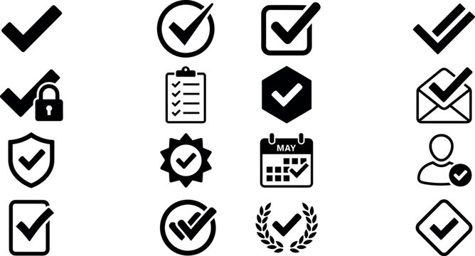 Quality assurance verification checklist flat glyph icon set featuring checkmarks approval ok buttons secure lock clipboard envelope calendar security shield templates