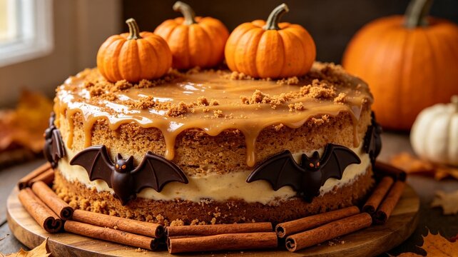 Spooky bat pumpkin cake