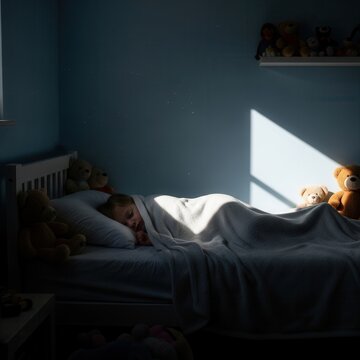 Child Sleeping Peacefully In Bed Surrounded By Teddy Bears And Sunlight