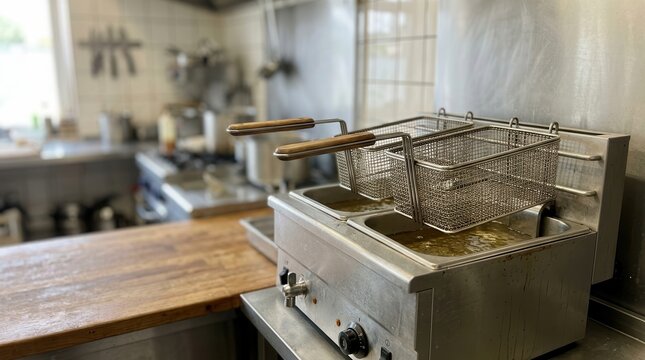 Stainless Steel Deep Fryer in a Commercial Kitchen Setting for Culinary Preparation and Efficient Fast Food Cooking Operations