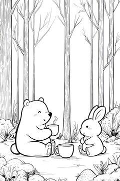 Cheerful bear and rabbit enjoy warm drinks in serene forest setting, surrounded by trees